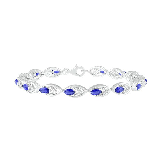 Lab-Created Blue Sapphire and 0.145 CT. T.W. Diamond Layered Marquise Link Line Bracelet in Sterling Silver - 7.25"