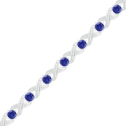 4.0mm Lab-Created Blue Sapphire and 0.12 CT. T.W. Diamond &quot;XO&quot; Link Line Bracelet in Sterling Silver - 7.5&quot;