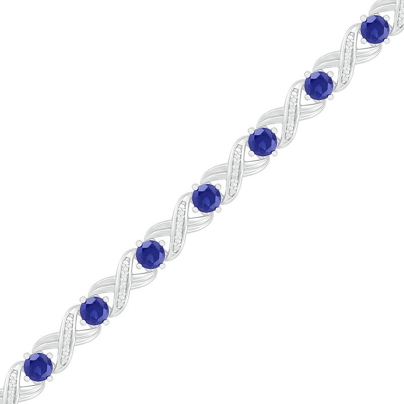 4.0mm Lab-Created Blue Sapphire and 0.12 CT. T.W. Diamond "XO" Link Line Bracelet in Sterling Silver - 7.5"|Peoples Jewellers