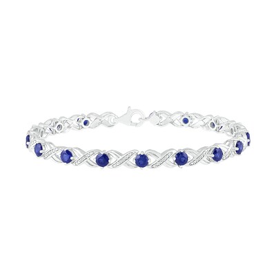 4.0mm Lab-Created Blue Sapphire and 0.12 CT. T.W. Diamond "XO" Link Line Bracelet in Sterling Silver - 7.5"