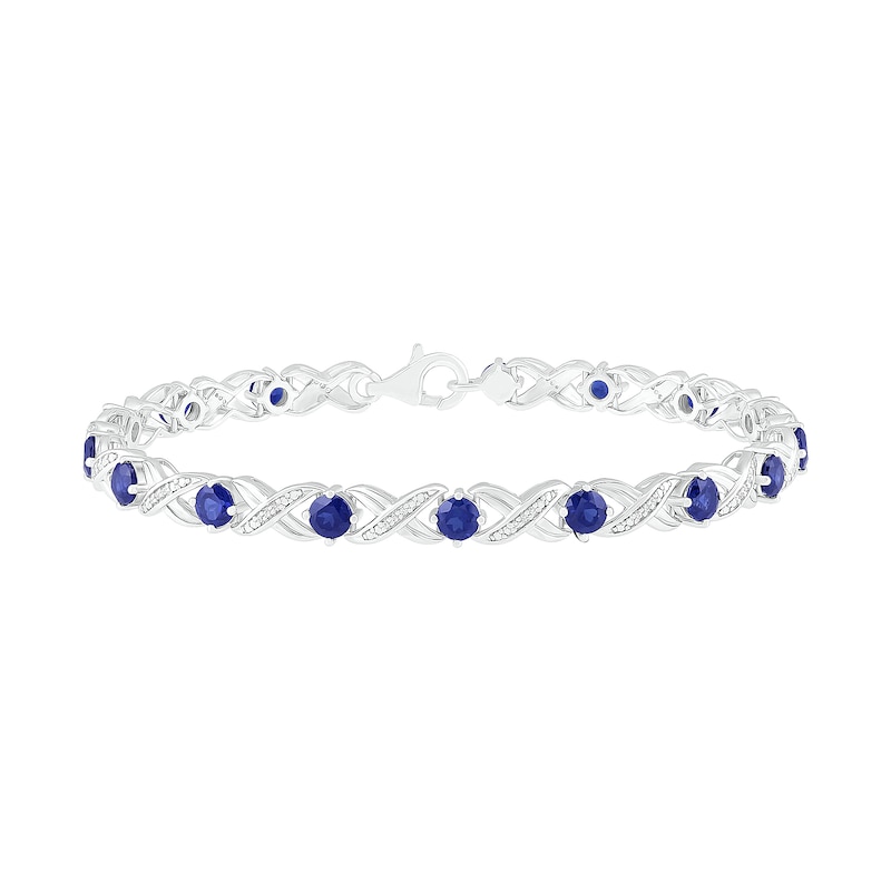 4.0mm Lab-Created Blue Sapphire and 0.12 CT. T.W. Diamond "XO" Link Line Bracelet in Sterling Silver - 7.5"