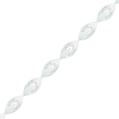 Lab-Created Opal and 0.145 CT. T.W. Diamond Layered Marquise Link Line Bracelet in Sterling Silver - 7.25"