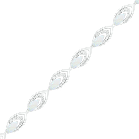 Lab-Created Opal and 0.145 CT. T.W. Diamond Layered Marquise Link Line Bracelet in Sterling Silver - 7.25"