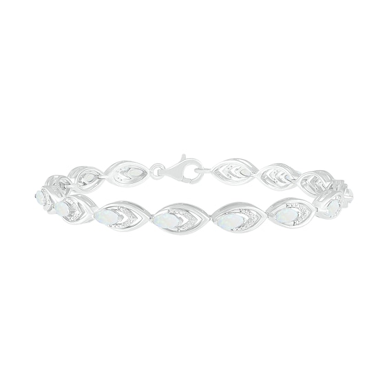 Lab-Created Opal and 0.145 CT. T.W. Diamond Layered Marquise Link Line Bracelet in Sterling Silver - 7.25"