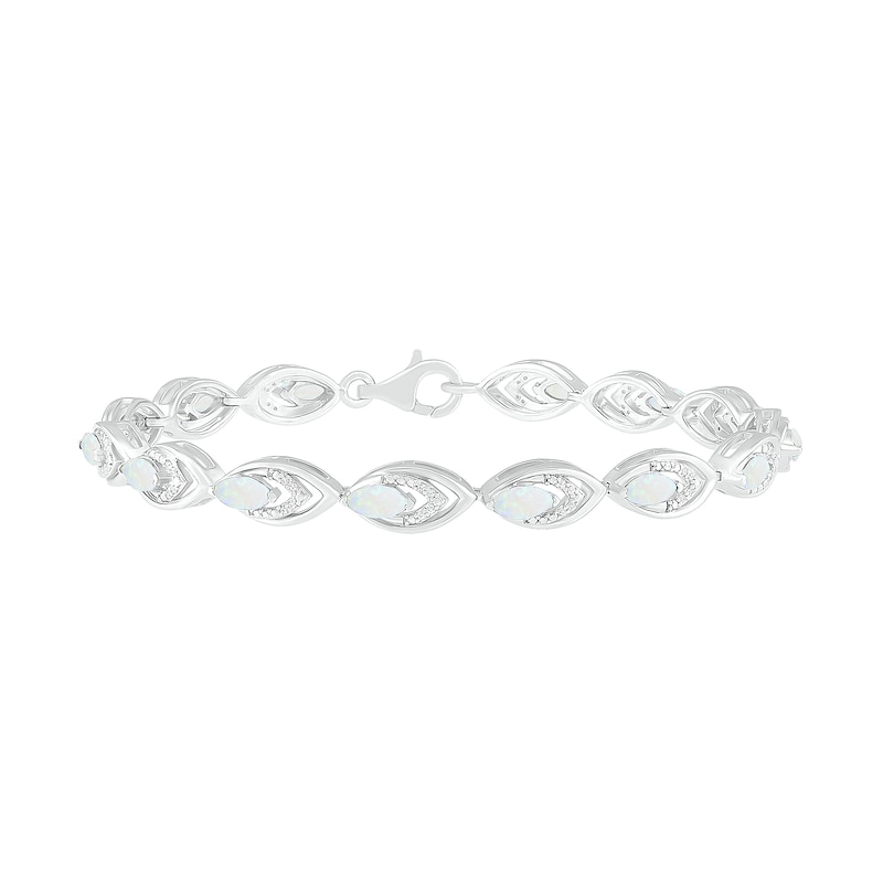 Lab-Created Opal and 0.145 CT. T.W. Diamond Layered Marquise Link Line Bracelet in Sterling Silver - 7.25"