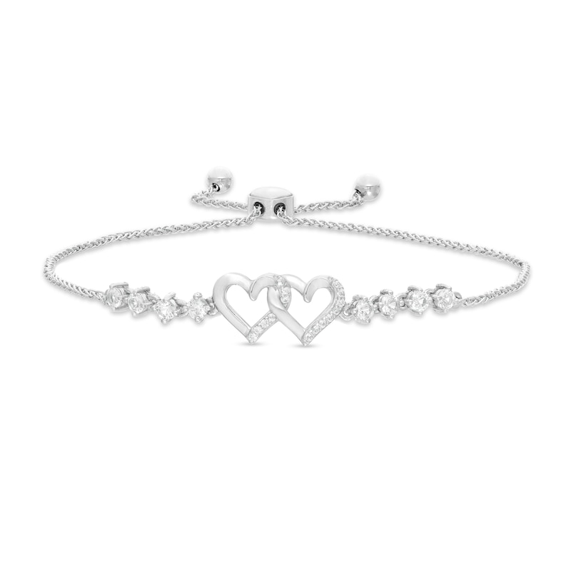 White Lab-Created Sapphire Double Hearts Bolo Bracelet in Sterling Silver - 9.0"|Peoples Jewellers