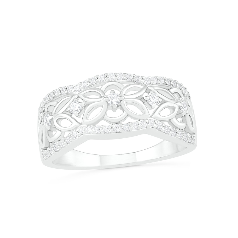 0.29 CT. T.W. Diamond Ornate Flower Scallop-Edge Ring in Sterling Silver|Peoples Jewellers