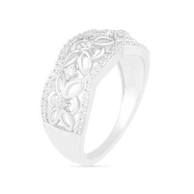 0.29 CT. T.W. Diamond Ornate Flower Scallop-Edge Ring in Sterling Silver