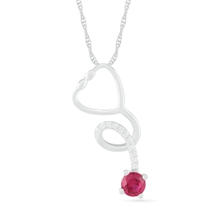 3.0mm Lab-Created Ruby and White Sapphire Tilted Loop Stethoscope Pendant in Sterling Silver