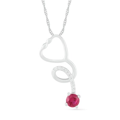 3.0mm Lab-Created Ruby and White Sapphire Tilted Loop Stethoscope Pendant in Sterling Silver