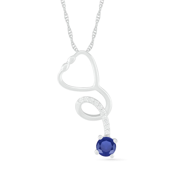 3.0mm Lab-Created and White Sapphire Tilted Loop Stethoscope Pendant in Sterling Silver