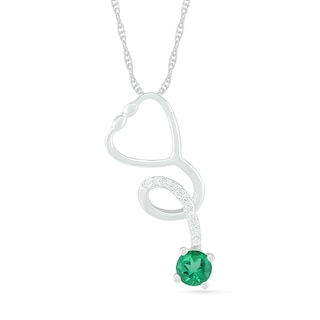 3.0mm Lab-Created Emerald and White Sapphire Tilted Loop Stethoscope Pendant in Sterling Silver