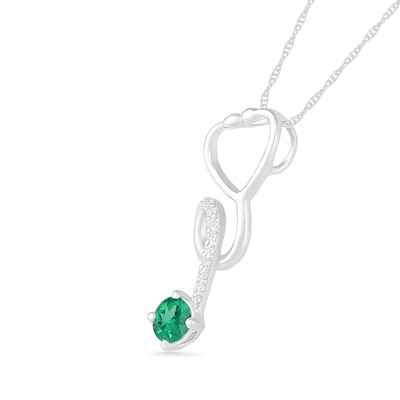 3.0mm Lab-Created Emerald and White Sapphire Tilted Loop Stethoscope Pendant in Sterling Silver