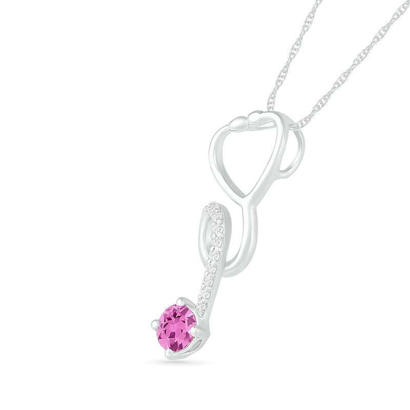 Main Image 2 of 3.0mm Lab-Created Pink and White Sapphire Tilted Loop Stethoscope Pendant in Sterling Silver