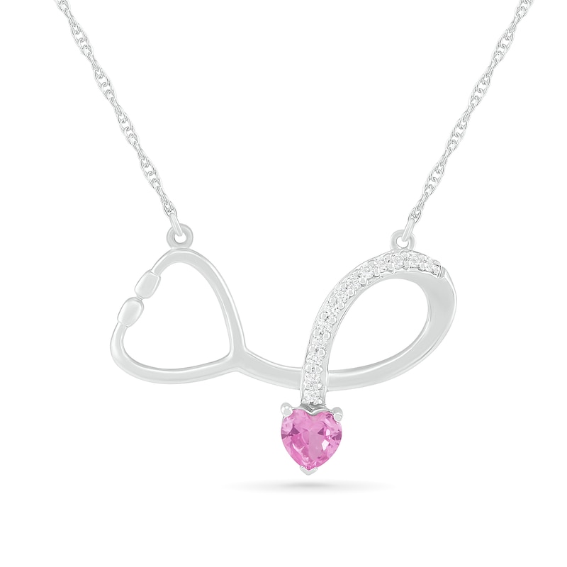 4.0mm Heart-Shaped Lab-Created Pink and White Sapphire Loop Stethoscope Necklace in Sterling Silver|Peoples Jewellers