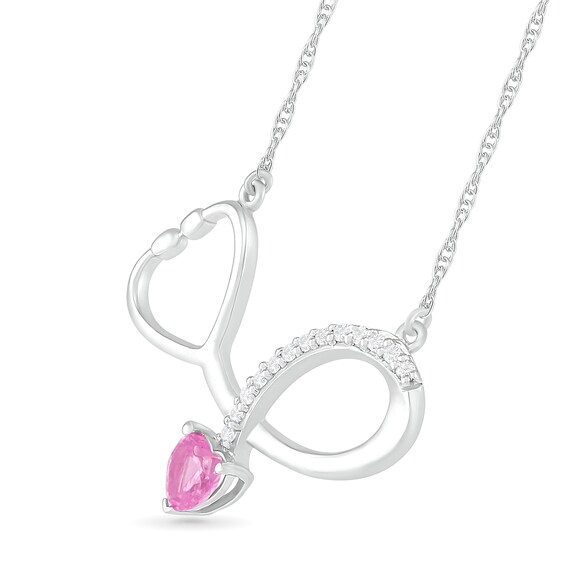 4.0mm Heart-Shaped Lab-Created Pink and White Sapphire Loop Stethoscope Necklace in Sterling Silver