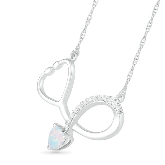 4.0mm Heart-Shaped Lab-Created Opal and White Sapphire Loop Stethoscope Necklace in Sterling Silver