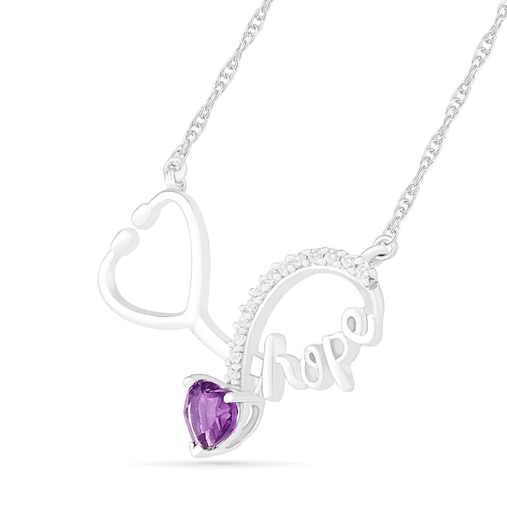 4.0mm Heart-Shaped Amethyst and Lab-Created White Sapphire Cursive "hope" Loop Stethoscope Necklace in Sterling Silver