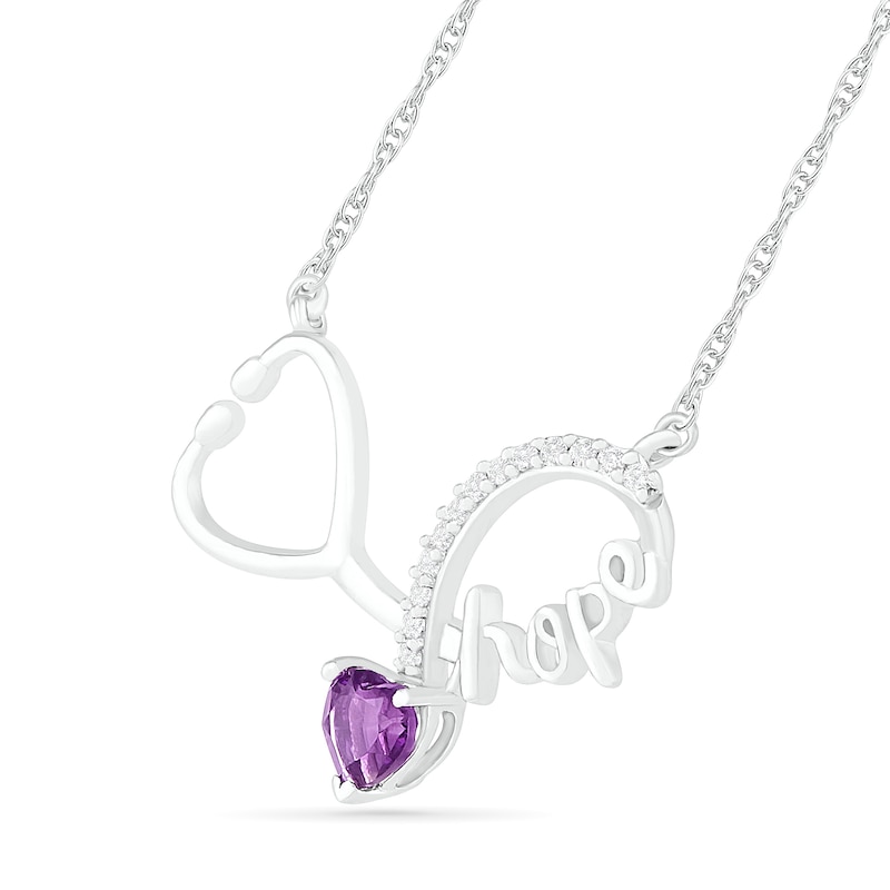 4.0mm Heart-Shaped Amethyst and Lab-Created White Sapphire Cursive "hope" Loop Stethoscope Necklace in Sterling Silver