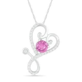 4.0mm Lab-Created Pink and White Sapphire Tilted Loop Heart Stethoscope Pendant in Sterling Silver