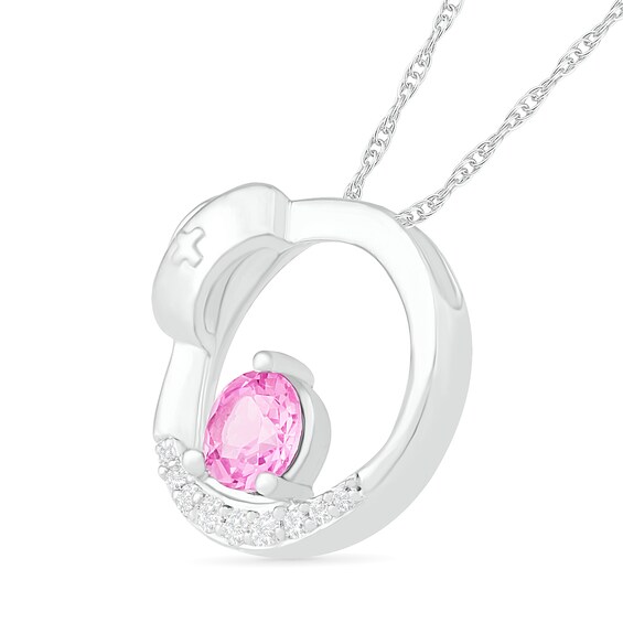 5.0mm Lab-Created Pink and White Sapphire Open Circle with Nurse Cap Pendant in Sterling Silver