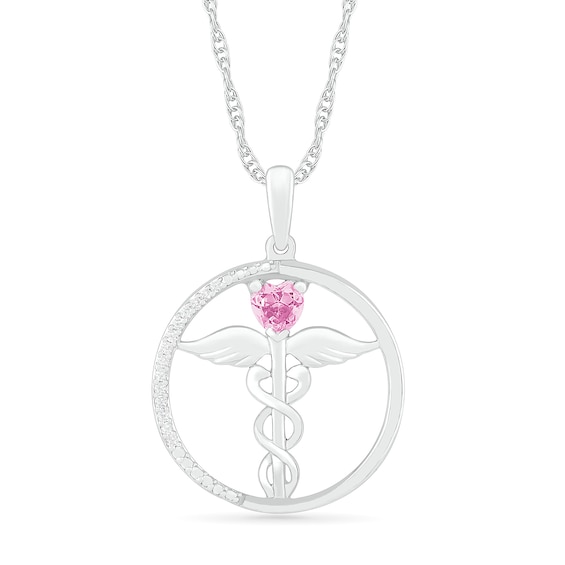 Heart-Shaped Lab-Created Sapphire and 0.04 CT. T.W. Diamond Caduceus Open Circle Drop Pendant in Sterling Silver