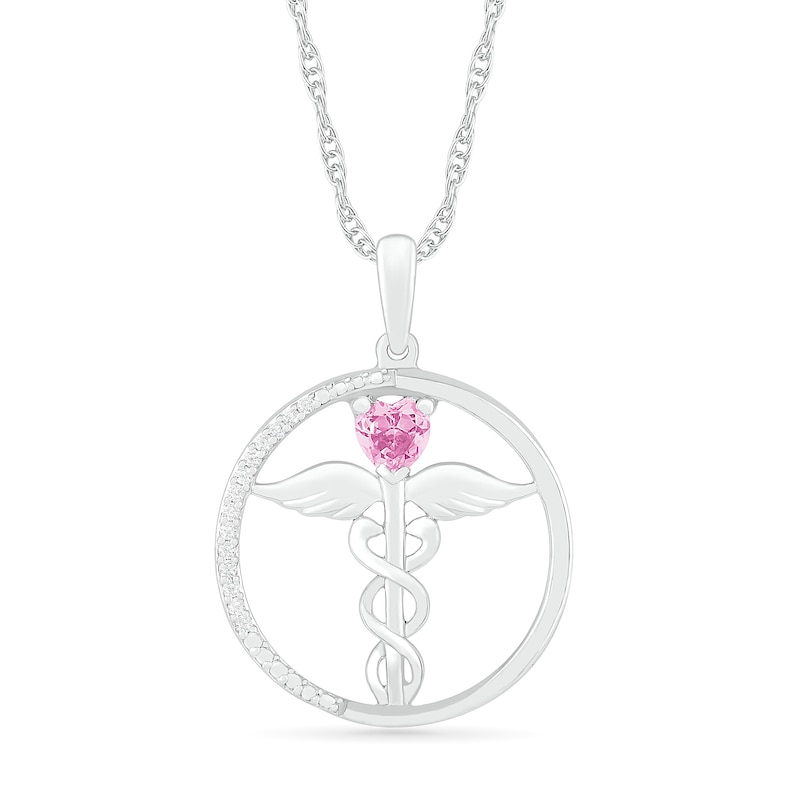 Heart-Shaped Lab-Created Sapphire and 0.04 CT. T.W. Diamond Caduceus Open Circle Drop Pendant in Sterling Silver|Peoples Jewellers