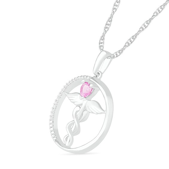 Heart-Shaped Lab-Created Sapphire and 0.04 CT. T.W. Diamond Caduceus Open Circle Drop Pendant in Sterling Silver