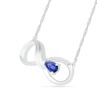 Pear-Shaped Lab-Created Sapphire and 0.04 CT. T.W. Diamond Winged Infinity Necklace in Sterling Silver