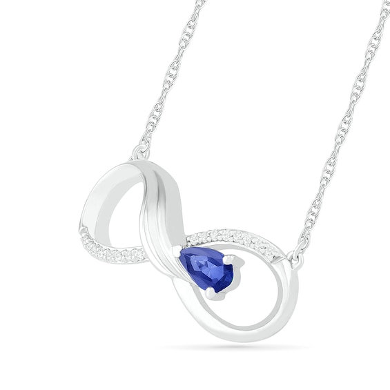 Pear-Shaped Lab-Created Sapphire and 0.04 CT. T.W. Diamond Winged Infinity Necklace in Sterling Silver