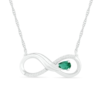 Pear-Shaped Lab-Created Emerald and 0.04 CT. T.W. Diamond Winged Infinity Necklace in Sterling Silver