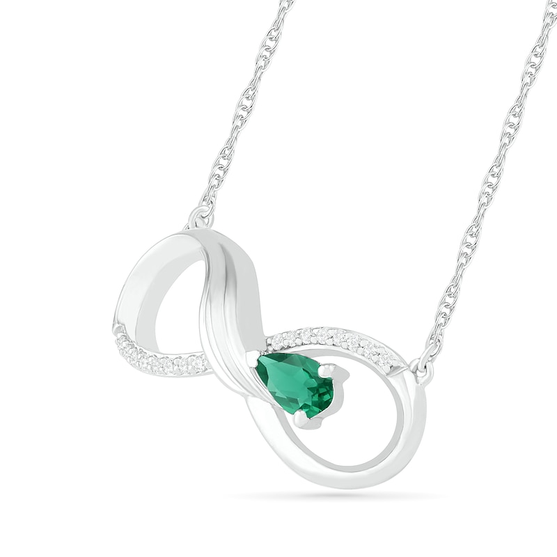 Pear-Shaped Lab-Created Emerald and 0.04 CT. T.W. Diamond Winged Infinity Necklace in Sterling Silver