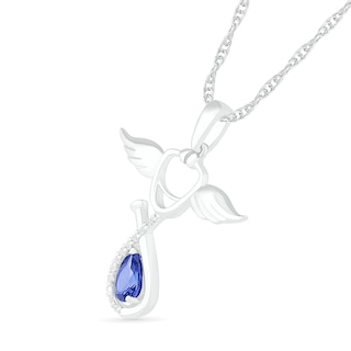 Pear-Shaped Lab-Created Blue and White Sapphire Loop Stethoscope with Wings Drop Pendant in Sterling Silver