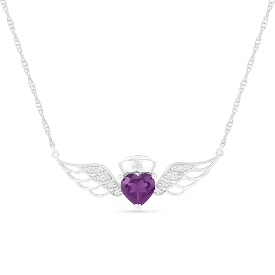 5.0mm Heart-Shaped Amethyst and Lab-Created White Sapphire Wings with Nurse Cap Necklace in Sterling Silver