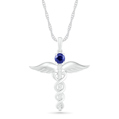 4.0mm Lab-Created Blue and White Sapphire Caduceus Drop Pendant in Sterling Silver