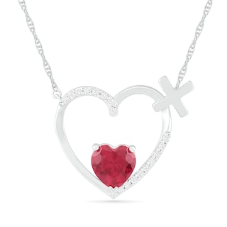 4.0mm Lab-Created Ruby and White Sapphire Heart Outline with Greek Cross Necklace in Sterling Silver