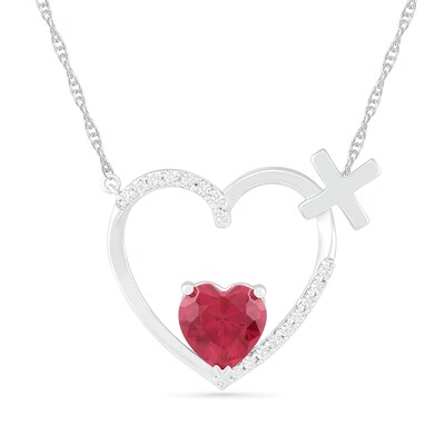 4.0mm Lab-Created Ruby and White Sapphire Heart Outline with Greek Cross Necklace in Sterling Silver