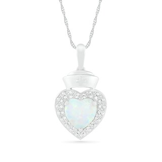 7.0mm Lab-Created Opal and White Sapphire Frame Heart with Nurse Cap Drop Pendant in Sterling Silver