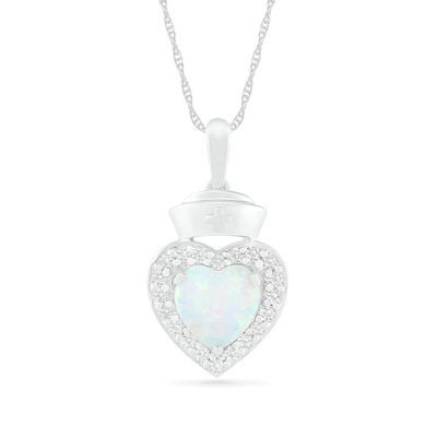 7.0mm Lab-Created Opal and White Sapphire Frame Heart with Nurse Cap Drop Pendant in Sterling Silver