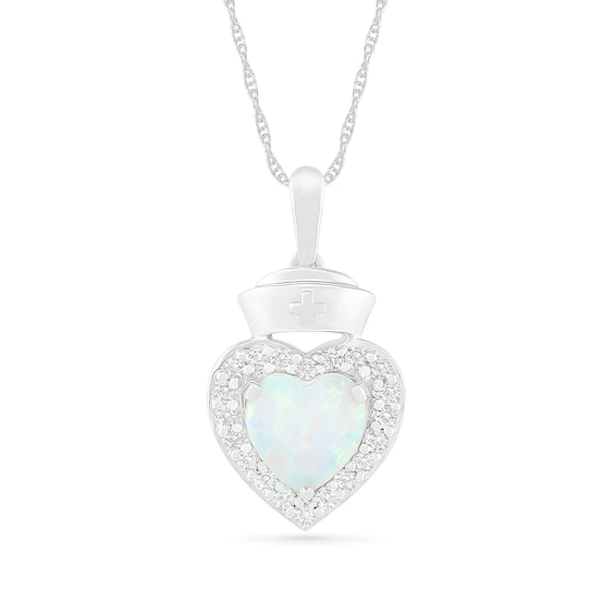 7.0mm Lab-Created Opal and White Sapphire Frame Heart with Nurse Cap Drop Pendant in Sterling Silver