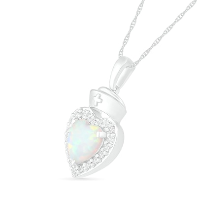 7.0mm Lab-Created Opal and White Sapphire Frame Heart with Nurse Cap Drop Pendant in Sterling Silver