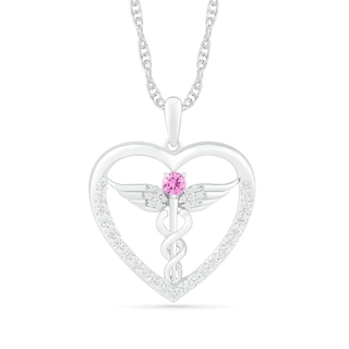 3.0mm Lab-Created Pink and White Sapphire Caduceus Heart Outline Pendant in Sterling Silver