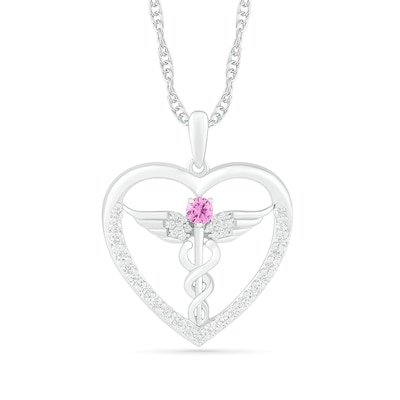 3.0mm Lab-Created Pink and White Sapphire Caduceus Heart Outline Pendant in Sterling Silver