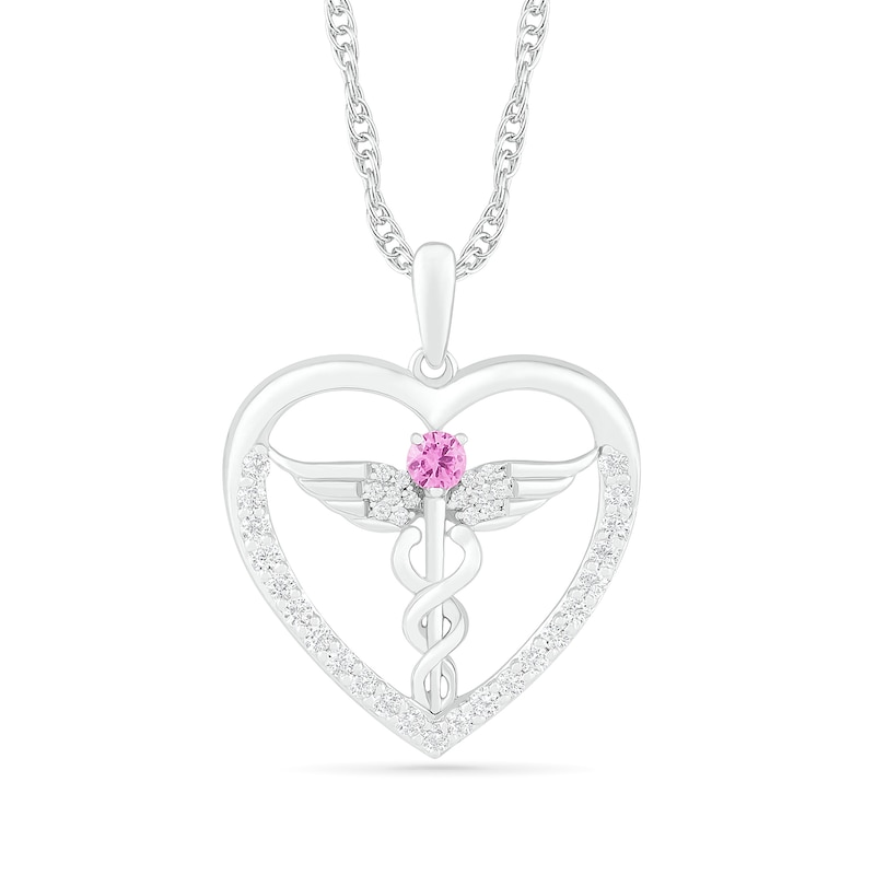 3.0mm Lab-Created Pink and White Sapphire Caduceus Heart Outline Pendant in Sterling Silver|Peoples Jewellers