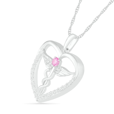 3.0mm Lab-Created Pink and White Sapphire Caduceus Heart Outline Pendant in Sterling Silver