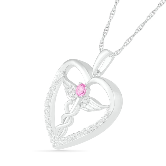 3.0mm Lab-Created Pink and White Sapphire Caduceus Heart Outline Pendant in Sterling Silver