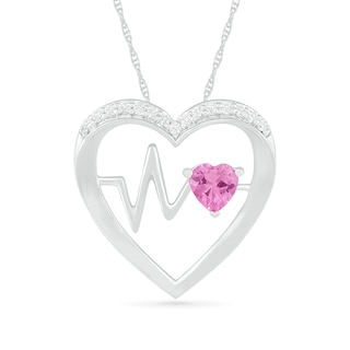 4.0mm Lab-Created Pink and White Sapphire Heartbeat Heart Pendant in Sterling Silver