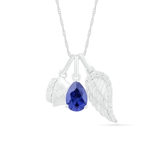 Pear-Shaped Lab-Created Blue and White Sapphire Wing and Nurse Cap Charm Pendant in Sterling Silver