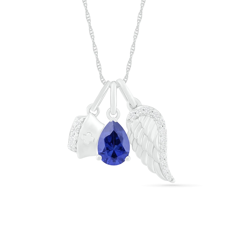 Pear-Shaped Lab-Created Blue and White Sapphire Wing and Nurse Cap Charm Pendant in Sterling Silver|Peoples Jewellers