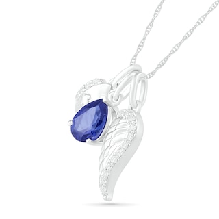 Pear-Shaped Lab-Created Blue and White Sapphire Wing and Nurse Cap Charm Pendant in Sterling Silver